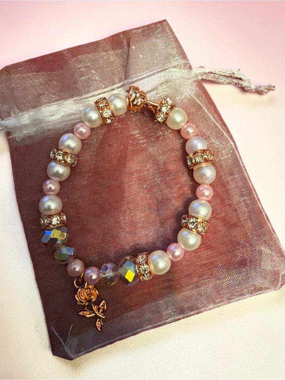 Delicate Rose Gold Pearl & Crystal Charm Bracelet in Pink and Ivory